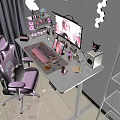 Functional Desk with Monitor Tablet Keyboard Mouse Desk Lamp Pink Decor and Cat Figurine