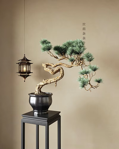 Traditional Pine Bonsai Tree in Black Pot with Hanging Lantern on Wooden Stand 3d model