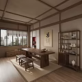 Japanese Traditional Tea Room Interior Design With Wooden Table Benches And Calligraphy Artwork
