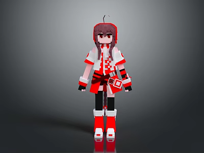Red And White Hooded Anime Character 3D Model With Skirt Gloves And Boots 3d model