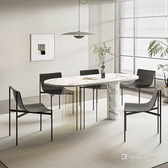 Modern Marble Oval Dining Table Set With Black Chairs And Pendant Light 3d model