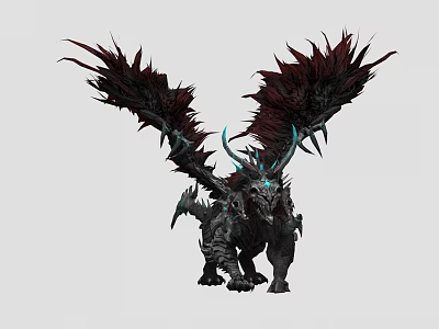 Dark Fantasy Game Character With Black Body Red And Black Wings And Blue Horns 3d model