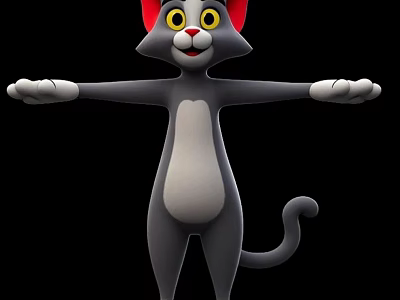 Gray Cartoon Cat With Red Ears And Big Yellow Eyes Arms Outstretched On Black Background 3d model
