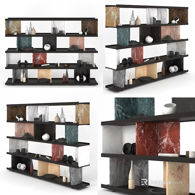 Modern Multilayer Display Shelving Unit With Marble Panels Colorful Shelves And Decorative Ornaments 3d model 