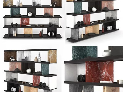 Modern Multilayer Display Shelving Unit With Marble Panels Colorful Shelves And Decorative Ornaments 3d model
