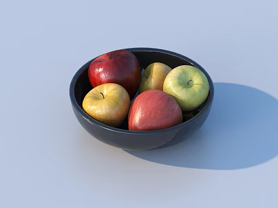 Fresh Red and Green Apples in Black Bowl on Light Blue Surface 3d model