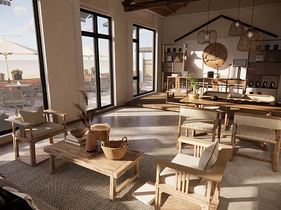 Natural Minimalist Living Room Interior With Wooden Furniture Large Windows And Hanging Lamps 3d model