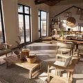 Natural Minimalist Living Room Interior With Wooden Furniture Large Windows And Hanging Lamps