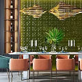 Modern Restaurant Interior With Green Accent Wall Hanging Pendant Lights And Orange Chairs