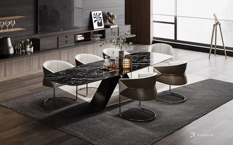 Modern Luxury Dining Table Set With Marble Top And Metal Leg Chairs 3d model 