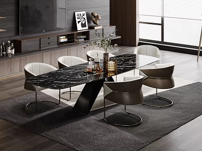 Modern Luxury Dining Table Set With Marble Top And Metal Leg Chairs 3d model