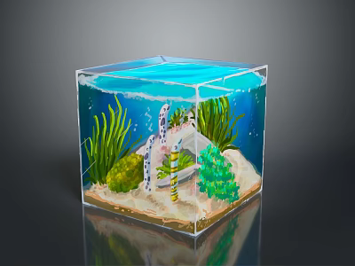 Underwater Landscape in Transparent Cube Aquarium with Blue Water Sandy Bottom Greenery and Zebra Fish 3d model