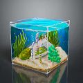 Underwater Landscape in Transparent Cube Aquarium with Blue Water Sandy Bottom Greenery and Zebra Fish