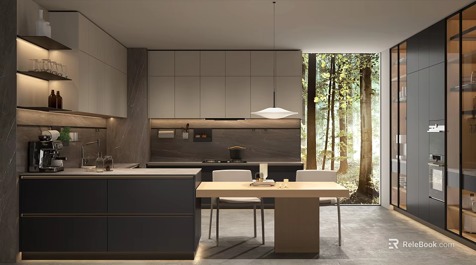Modern Kitchen Interior With Cabinets Dining Table Chairs And Natural Light Through Forest Window 3d model