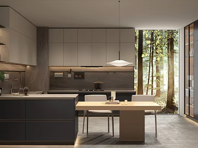 Modern Kitchen Interior With Cabinets Dining Table Chairs And Natural Light Through Forest Window 3d model