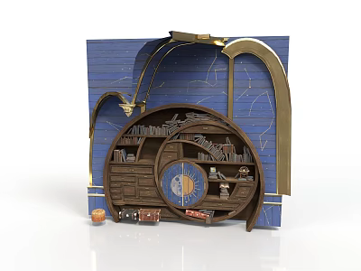 Unique Circular Bookcase Furniture With Blue Background Golden Accents Spiral Structure And Books 3d model