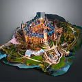 Cartoon Castle Scene With Colorful Towers Winding Paths Green Lawns And Fountains
