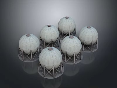 Six White Spherical Water Tanks With Metal Support Structures On Gray Background 3d model