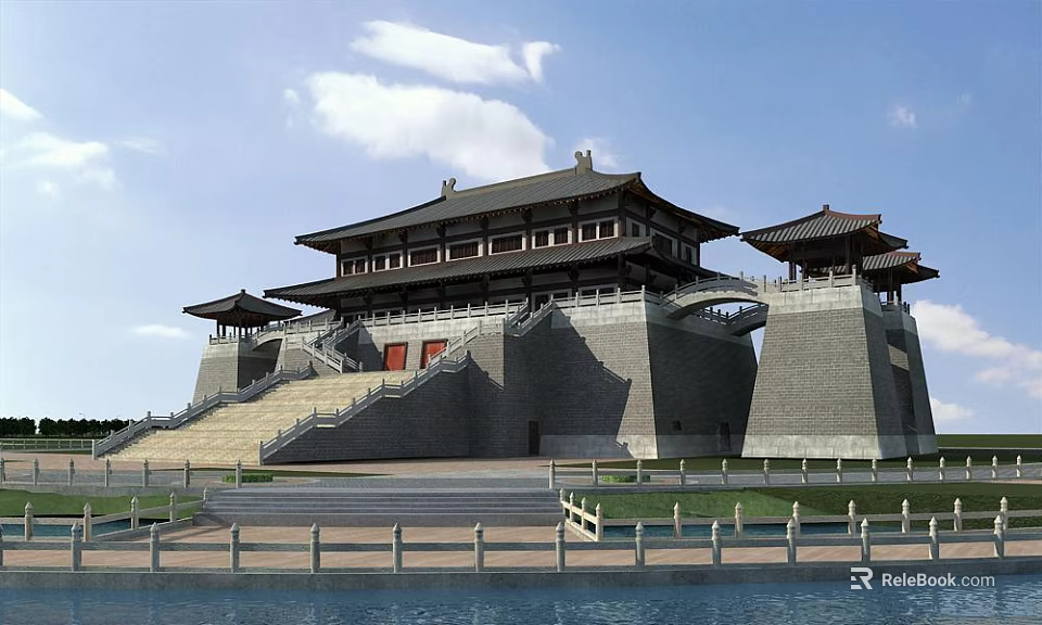 Ancient Traditional Chinese Architecture Featuring Multi Story Structure Gray Walls Red Doors And Eaves Roof 3d model 
