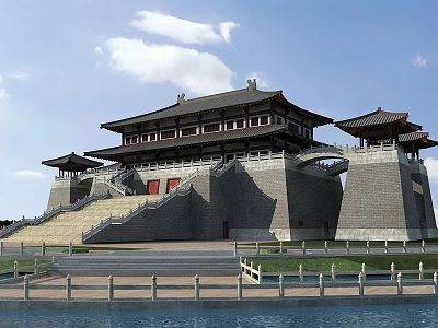 Ancient Traditional Chinese Architecture Featuring Multi Story Structure Gray Walls Red Doors And Eaves Roof 3d model