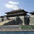 Ancient Traditional Chinese Architecture Featuring Multi Story Structure Gray Walls Red Doors And Eaves Roof