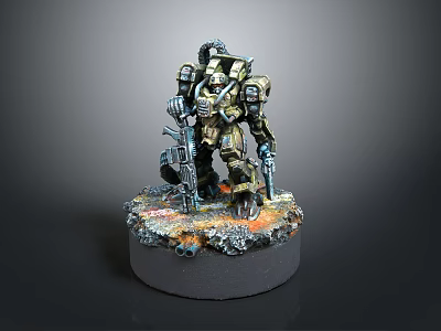 Game Movie Character Sci Fi Mecha Warrior In Metallic Armor With Weapons On Rocky Flaming Base 3d model