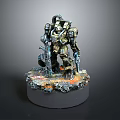Game Movie Character Sci Fi Mecha Warrior In Metallic Armor With Weapons On Rocky Flaming Base
