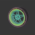 Tire with Star Shaped Silver Wheel and Side Yellow Flames on Dark Background with Reflection