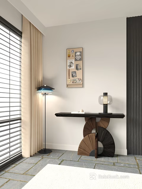 Elegant Modern Entryway Console Table With Decorative Painting And Table Lamp Design 3d model