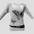 White Long Sleeve Top With Black Butterfly Print And Black Belt