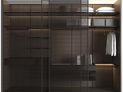 Modern Open Wardrobe Interior Design With Wooden Shelves And Hanging Space 3d model