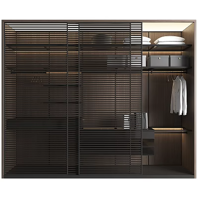 Modern Open Wardrobe Interior Design With Wooden Shelves And Hanging Space 3d model
