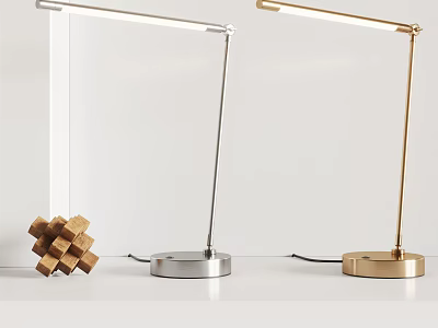 Modern Minimalist Desk Lamps With Silver And Gold Metal Base And Wooden Cube Decoration 3d model