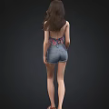 Detailed Female 3D Model With Long Hair Wearing Floral Halter Top And Denim Shorts
