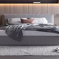 Modern Bedroom Interior Design With Gray Bed Wooden Headboard Ambient Lighting And Soft Rug