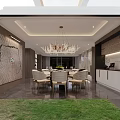 Elegant Modern Living Dining Room Interior With Marble Wall Chandelier And Sofa