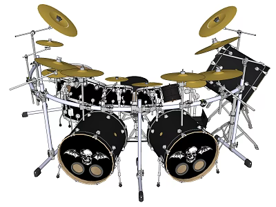 Black Musical Instrument Drum Set With Multiple Cymbals And Skull Pattern Design 3d model