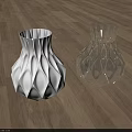 White and Silver Ceramic Vases With Geometric Patterns On Wooden Floor 3d model