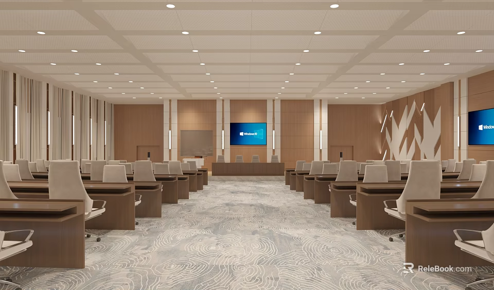 Spacious Elegant Modern Conference Room With Wooden Interior Comfortable Seats And Large Presentation Screen 3d model 