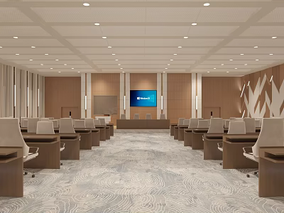 Spacious Elegant Modern Conference Room With Wooden Interior Comfortable Seats And Large Presentation Screen 3d model