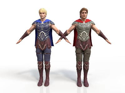 Men In Armor With Blue And Red Capes Standing With Arms Outstretched 3d model