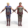 Men In Armor With Blue And Red Capes Standing With Arms Outstretched