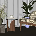 Patterned Accent Chair With Side Table Potted Plants And Coffee Cup In Bright Living Room