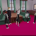 Group of Uniformed Characters in Room with Green Sofas Red Carpet and Wall Painting