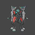 Cartoon Anthropomorphic Game Film Character with Gray Body Red Tail Green Ears and White Paws
