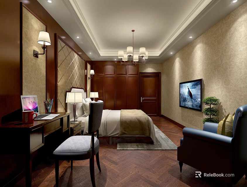 Modern Hotel Guest Room Interior With Bed Desk TV Chandelier And Wooden Floor 3d model 