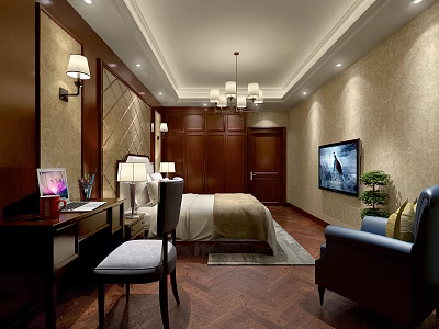 Modern Hotel Guest Room Interior With Bed Desk TV Chandelier And Wooden Floor 3d model