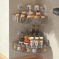 Transparent Corner Shelf In Modern Kitchen Holding Various Spice And Seasoning Bottles