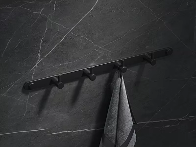 Modern Bathroom Towel Rack On Dark Marble Wall With Black Metal Hooks And Gray Towel 3d model
