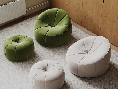 Cozy Round Green And Beige Bean Bag Chairs In Indoor Living Room With Wooden Wall 3d model